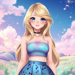 Digital art of an anime girl inspired by Taylor Swift, featuring long blonde hair styled in soft waves, a playful smile, and expressive blue eyes