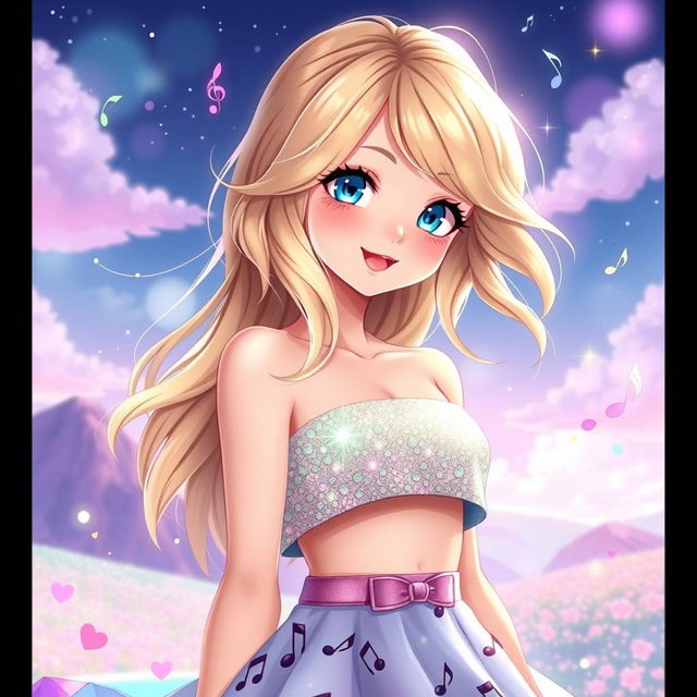 Digital art of an anime girl inspired by Taylor Swift, featuring long blonde hair styled in soft waves, a playful smile, and expressive blue eyes