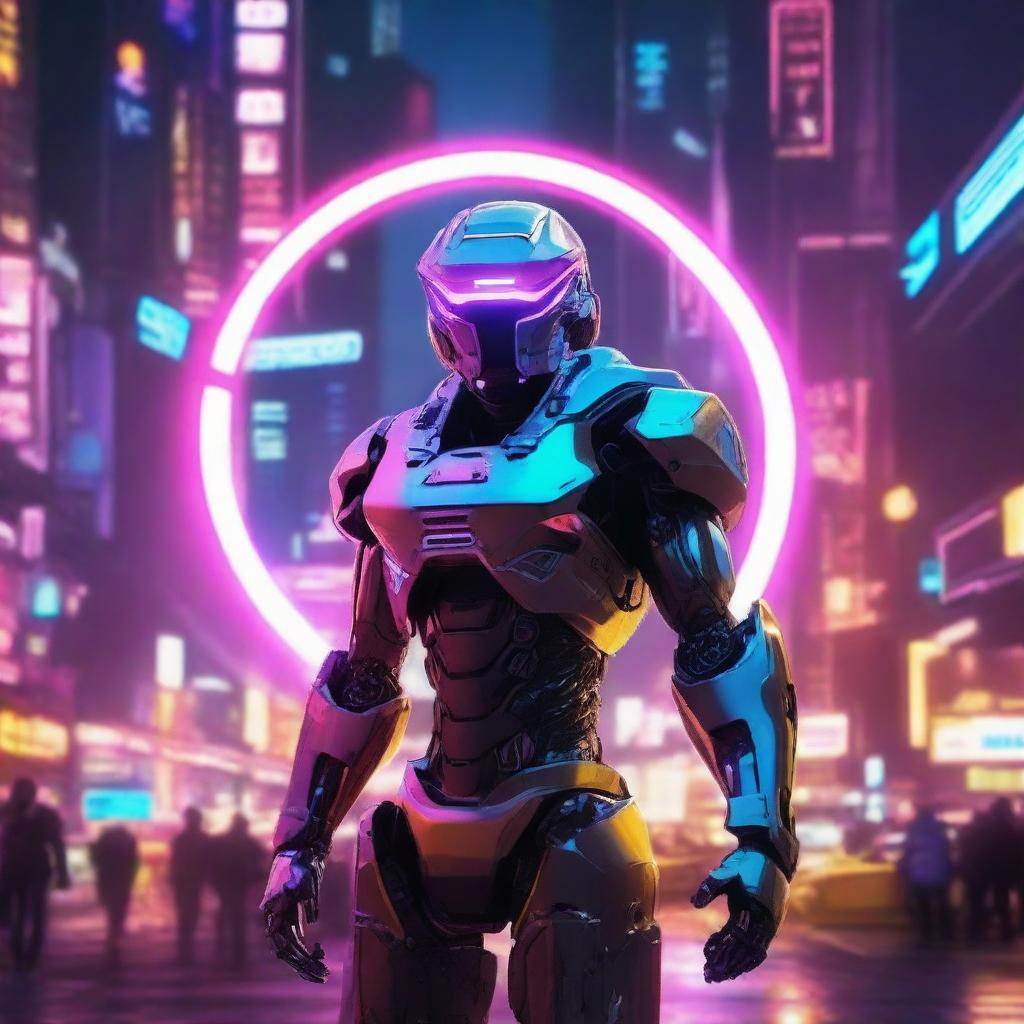 An image of a robotic halo in cyberpunk style, aglow with neon lights amidst a turbulent technopolis.