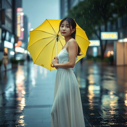 A beautiful Korean woman standing in a rainy street, wearing a white spaghetti strap top and a flowing skirt