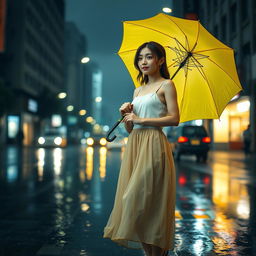 A beautiful Korean woman standing in a rainy street, wearing a white spaghetti strap top and a flowing skirt