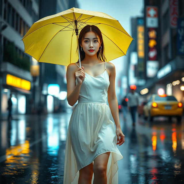 A beautiful Korean woman standing in a rainy street, wearing a white spaghetti strap top and a flowing skirt