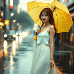 A beautiful Korean woman standing in a rainy street, wearing a white spaghetti strap top and a flowing skirt