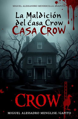 A dark and eerie book cover for a horror novel titled 'La Maldición de la Casa Crow' by Miguel Alessandro Mendocilla Agapito