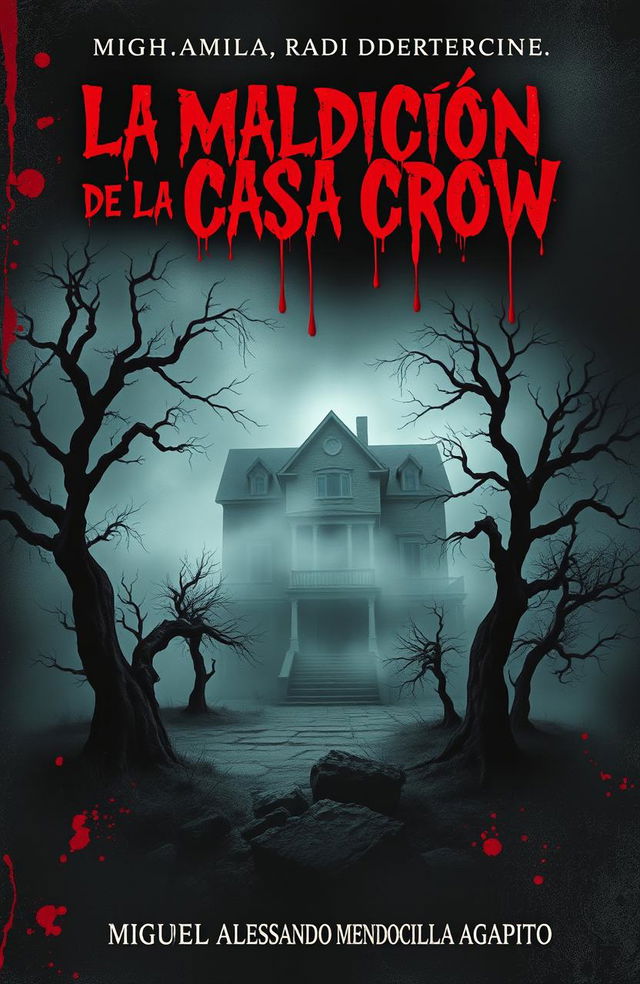 A dark and eerie book cover for a horror novel titled 'La Maldición de la Casa Crow' by Miguel Alessandro Mendocilla Agapito