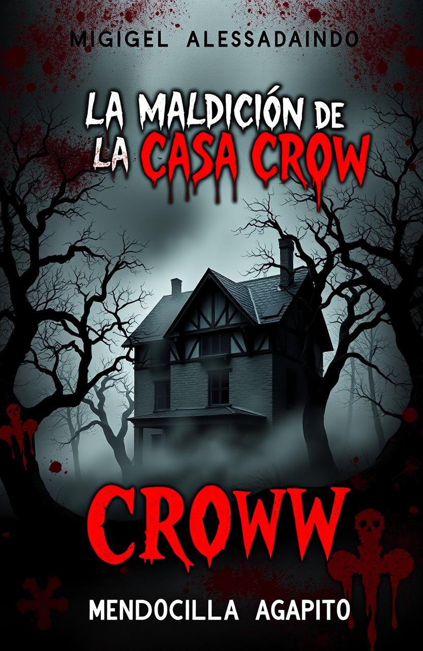 A dark and eerie book cover for a horror novel titled 'La Maldición de la Casa Crow' by Miguel Alessandro Mendocilla Agapito