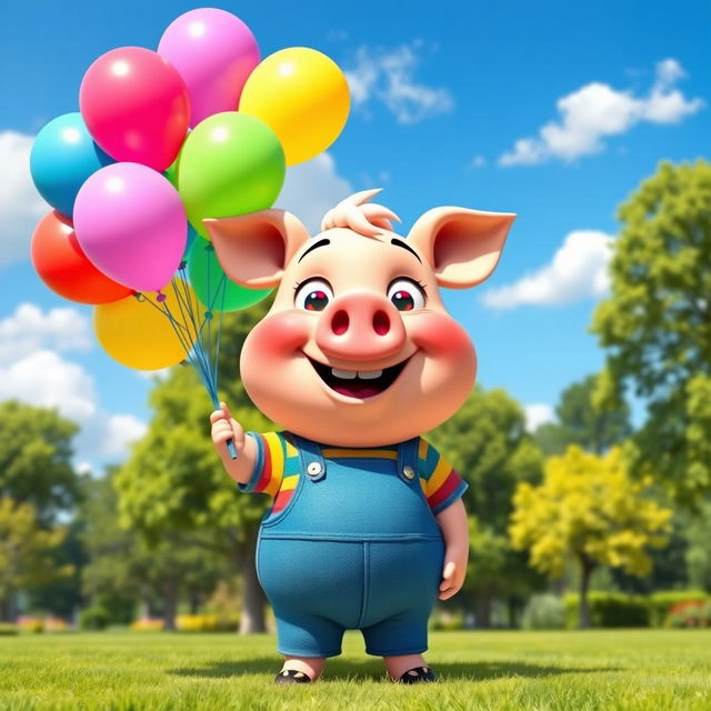 A whimsical scene featuring a cartoonish character named Winnie Win Wincent, a jovial, plump anthropomorphic pig with a pink, round face and big, expressive eyes