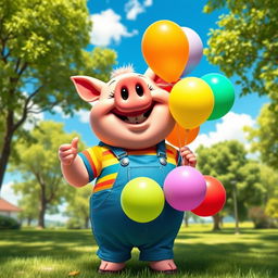 A whimsical scene featuring a cartoonish character named Winnie Win Wincent, a jovial, plump anthropomorphic pig with a pink, round face and big, expressive eyes