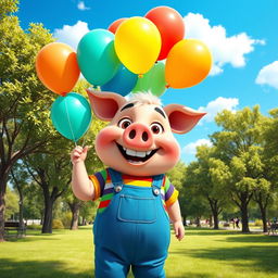 A whimsical scene featuring a cartoonish character named Winnie Win Wincent, a jovial, plump anthropomorphic pig with a pink, round face and big, expressive eyes