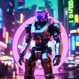 An image of a robotic halo in cyberpunk style, aglow with neon lights amidst a turbulent technopolis.