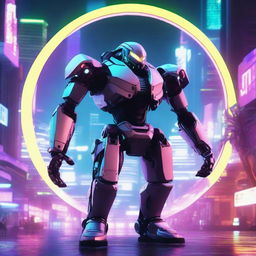 An image of a robotic halo in cyberpunk style, aglow with neon lights amidst a turbulent technopolis.