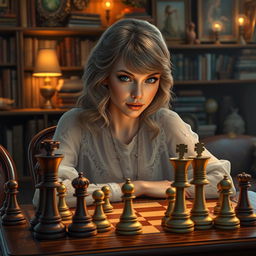 A digital artwork depicting Taylor Swift engaged in a thoughtful game of chess