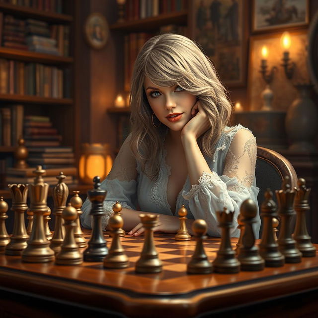 A digital artwork depicting Taylor Swift engaged in a thoughtful game of chess