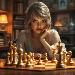 A digital artwork depicting Taylor Swift engaged in a thoughtful game of chess
