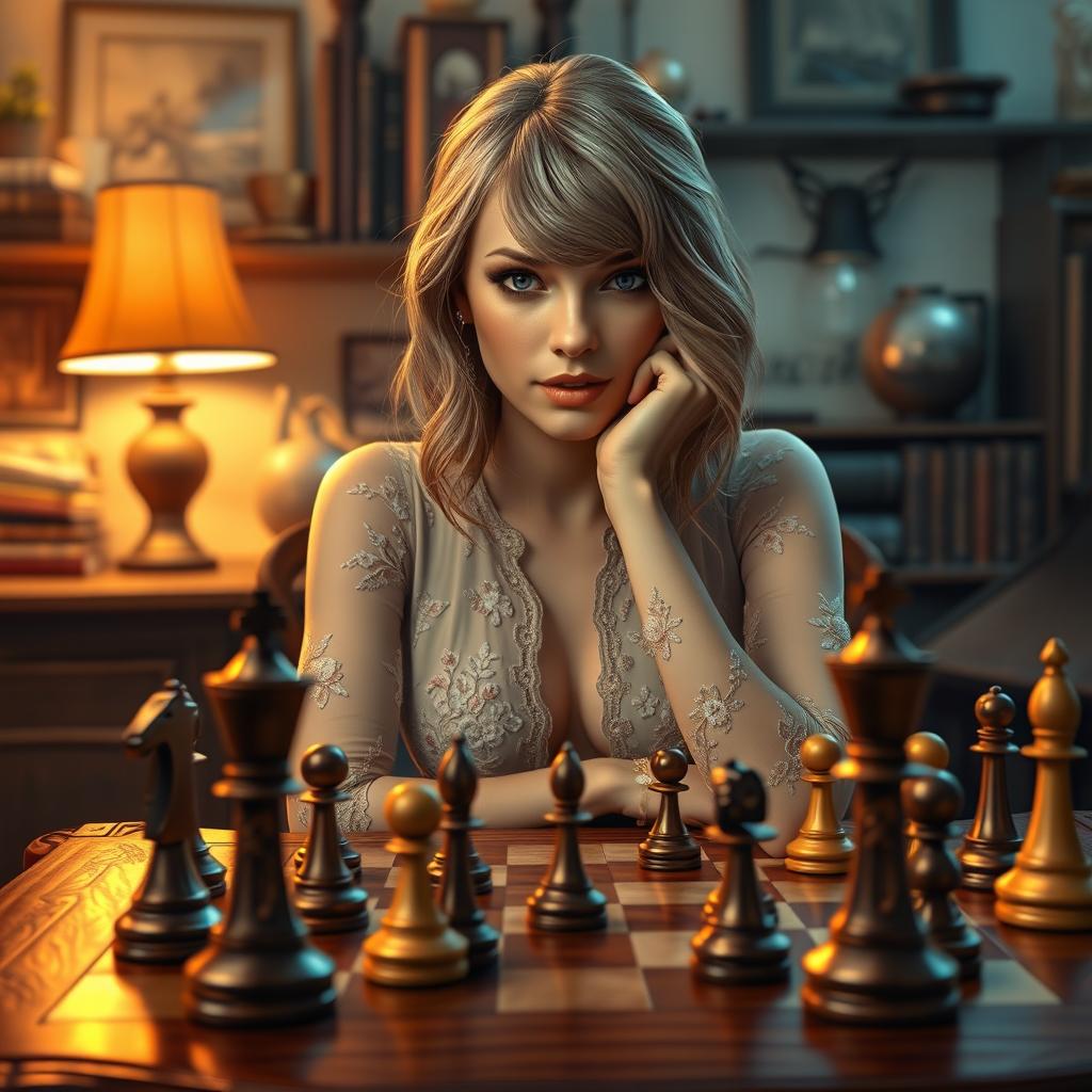 A digital artwork depicting Taylor Swift engaged in a thoughtful game of chess