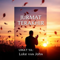 A5 book cover design for 'JUMAT TERAKHIR' by Luke van John, featuring a black silhouette of a Muslim man kneeling in prayer, viewed from the back, with his hands raised towards the sky in devotion