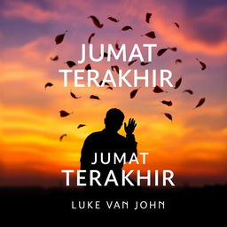 A5 book cover design for 'JUMAT TERAKHIR' by Luke van John, featuring a black silhouette of a Muslim man kneeling in prayer, viewed from the back, with his hands raised towards the sky in devotion