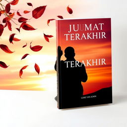 A5 book cover design for 'JUMAT TERAKHIR' by Luke van John, featuring a black silhouette of a Muslim man kneeling in prayer, viewed from the back, with his hands raised towards the sky in devotion