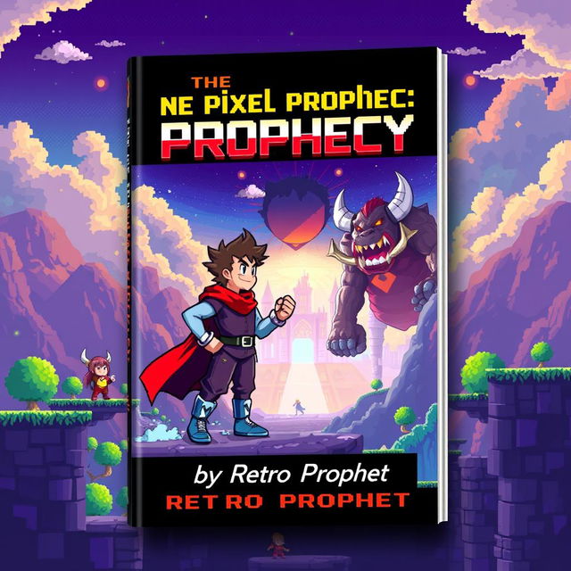 A vibrant and engaging book cover design for 'The Pixel Prophecy' by Retro Prophet