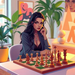 A vibrant digital illustration of Olivia Rodrigo gracefully playing chess in a stylish, modern room filled with artistic elements