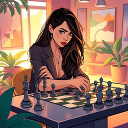 A vibrant digital illustration of Olivia Rodrigo gracefully playing chess in a stylish, modern room filled with artistic elements