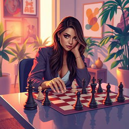 A vibrant digital illustration of Olivia Rodrigo gracefully playing chess in a stylish, modern room filled with artistic elements