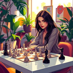 A vibrant digital illustration of Olivia Rodrigo gracefully playing chess in a stylish, modern room filled with artistic elements