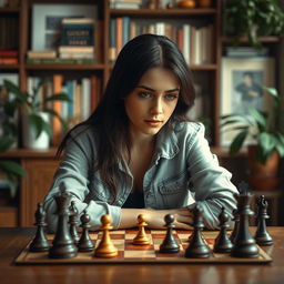 A creative and artistic portrayal of Olivia Rodrigo sitting at a stylish chess table, deeply focused on a game of chess