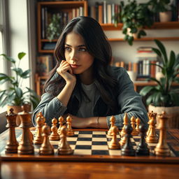 A creative and artistic portrayal of Olivia Rodrigo sitting at a stylish chess table, deeply focused on a game of chess