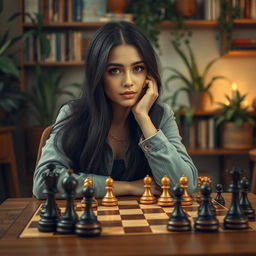 A creative and artistic portrayal of Olivia Rodrigo sitting at a stylish chess table, deeply focused on a game of chess