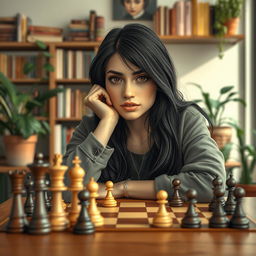 A creative and artistic portrayal of Olivia Rodrigo sitting at a stylish chess table, deeply focused on a game of chess