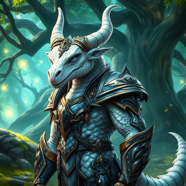 A majestic dragonborn character with shimmering pearl white scales standing confidently in a fantasy setting