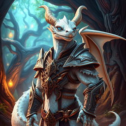 A majestic dragonborn character with shimmering pearl white scales standing confidently in a fantasy setting