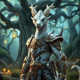 A majestic dragonborn character with shimmering pearl white scales standing confidently in a fantasy setting