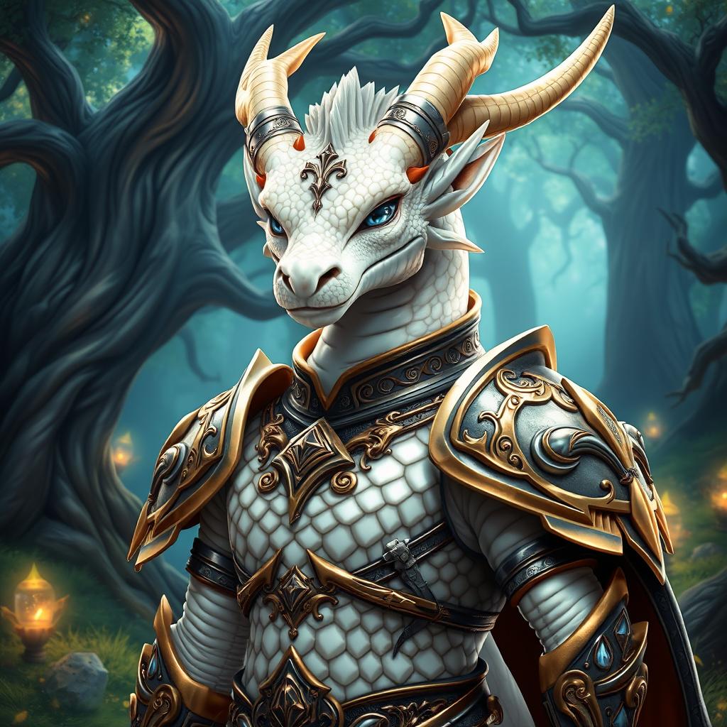 A majestic dragonborn character with shimmering pearl white scales standing confidently in a fantasy setting