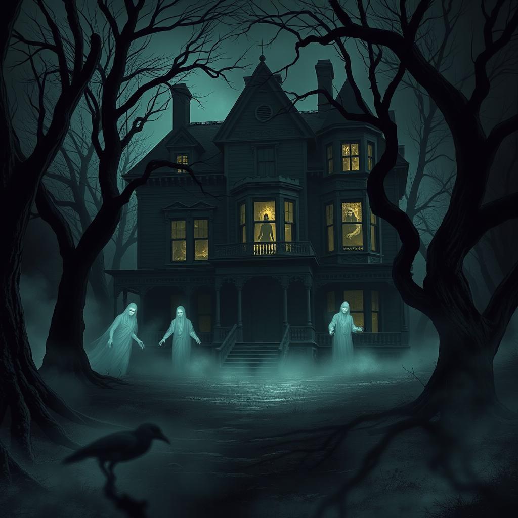 A realistic depiction of a haunted house, inspired by the theme of 'La maldición de la casa Crow' by Miguel Alessandro Mendocilla Agapito