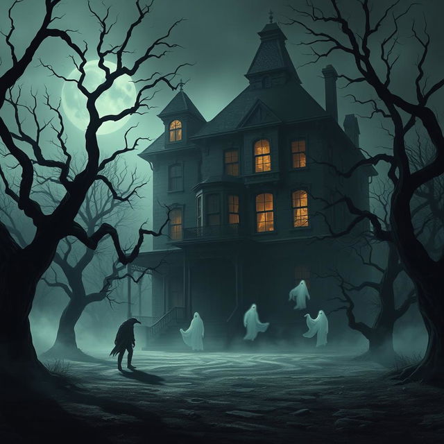 A realistic depiction of a haunted house, inspired by the theme of 'La maldición de la casa Crow' by Miguel Alessandro Mendocilla Agapito