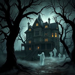 A realistic depiction of a haunted house, inspired by the theme of 'La maldición de la casa Crow' by Miguel Alessandro Mendocilla Agapito