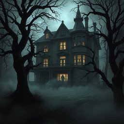 A realistic depiction of a haunted house, inspired by the theme of 'La maldición de la casa Crow' by Miguel Alessandro Mendocilla Agapito