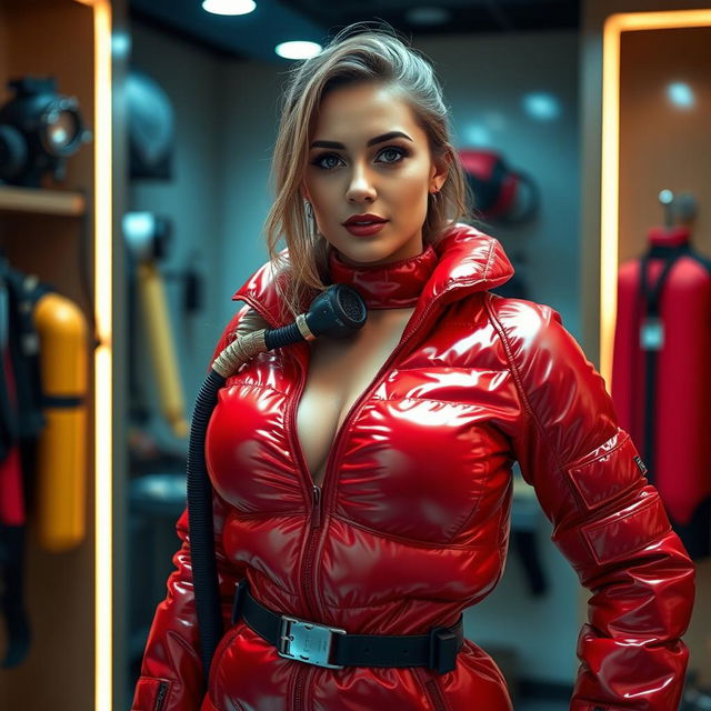 A beautiful woman with large breasts, featuring a shiny red puffy cold water immersion suit that gleams under soft ambient lighting