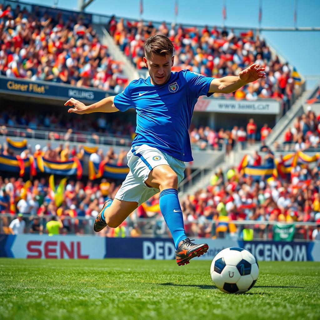 An exciting scene of a soccer player striking a ball on the field during a match, focused on the dynamic motion of the player