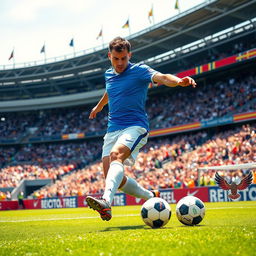 An exciting scene of a soccer player striking a ball on the field during a match, focused on the dynamic motion of the player
