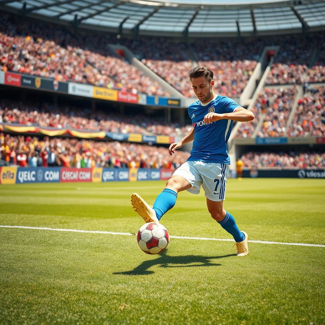 An exciting scene of a soccer player striking a ball on the field during a match, focused on the dynamic motion of the player