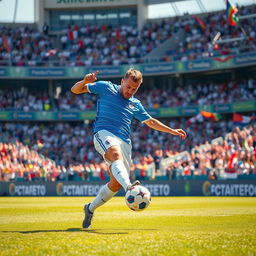 An exciting scene of a soccer player striking a ball on the field during a match, focused on the dynamic motion of the player