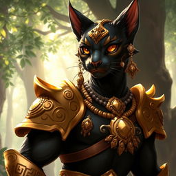 A striking tabaxi character with jet black fur, adorned in gleaming gold armor that fits their agile form perfectly