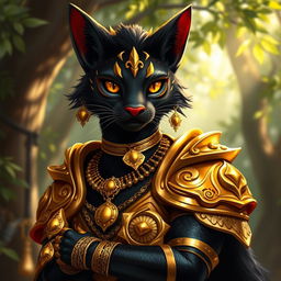 A striking tabaxi character with jet black fur, adorned in gleaming gold armor that fits their agile form perfectly