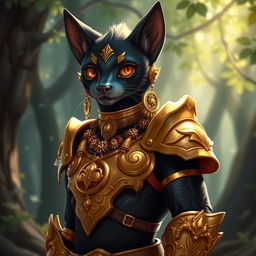 A striking tabaxi character with jet black fur, adorned in gleaming gold armor that fits their agile form perfectly