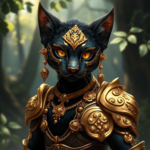 A striking tabaxi character with jet black fur, adorned in gleaming gold armor that fits their agile form perfectly