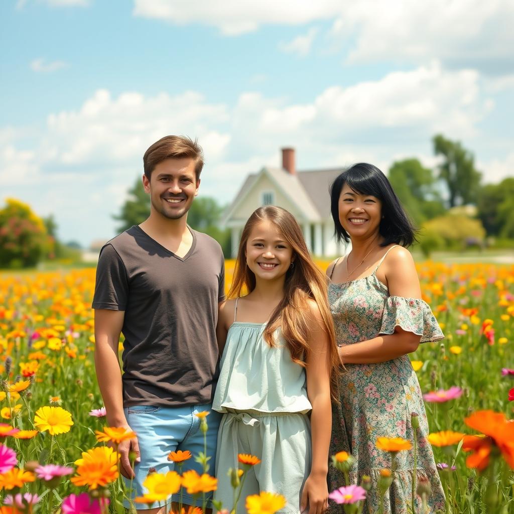 A pretty teenage girl standing in a beautiful prairie filled with vibrant wildflowers, exuding happiness and joy