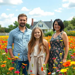 A pretty teenage girl standing in a beautiful prairie filled with vibrant wildflowers, exuding happiness and joy